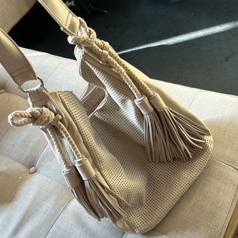 Abbacino Creme Leather Rope Woven Hobo Purse
